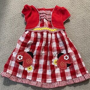 Youngland Red and White Checkered Dress with Ladybug Design